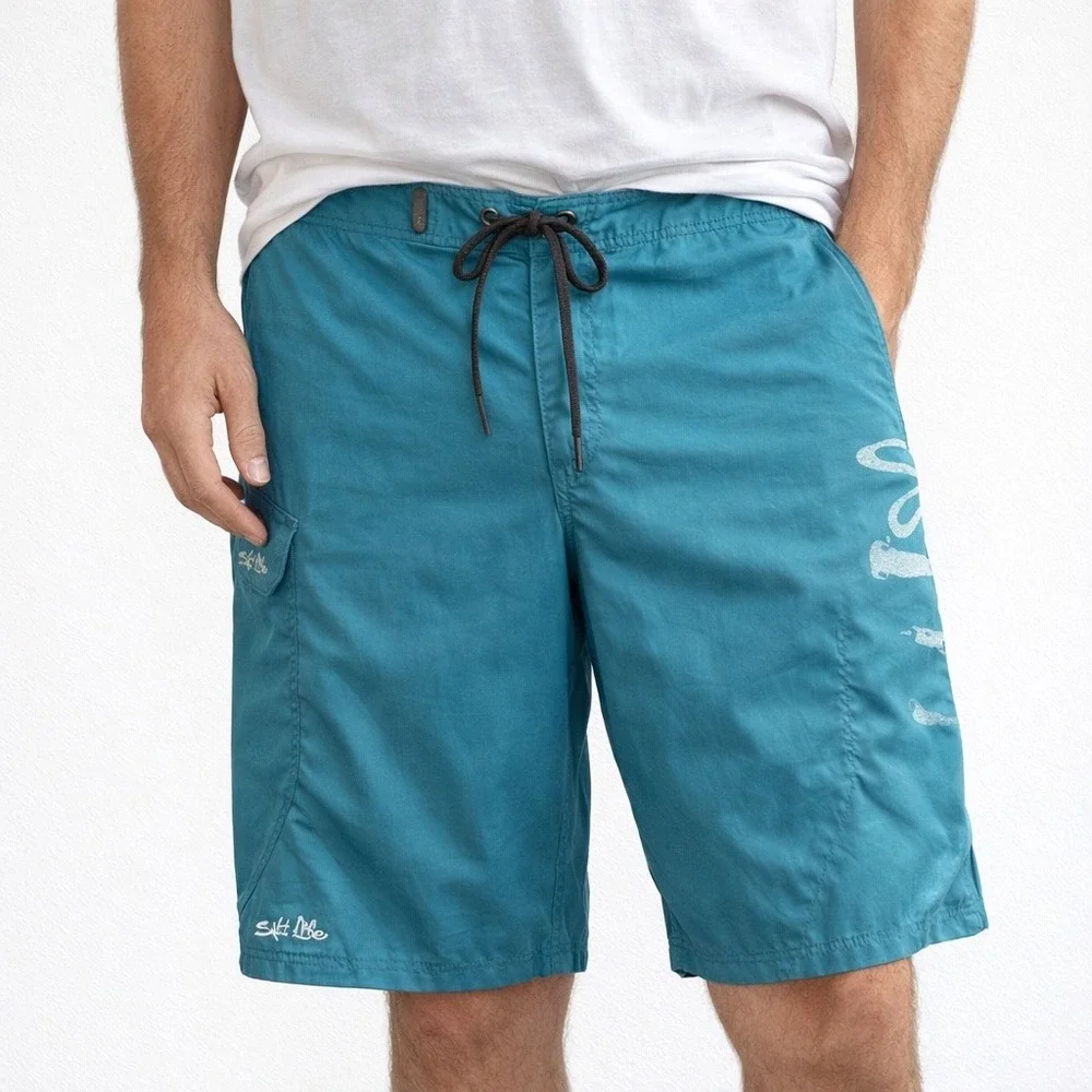 Salt Life Mens Board Shorts Teal Blue Lace Up Logo Graphic Cargo Pocket Surf‎ 36